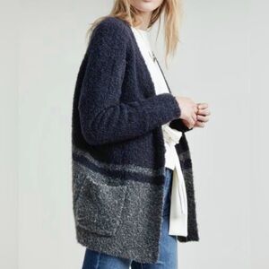 Dark Navy and Dark Gray Colorblock Long Fuzzy Varsity Style Cardigan - Madewell